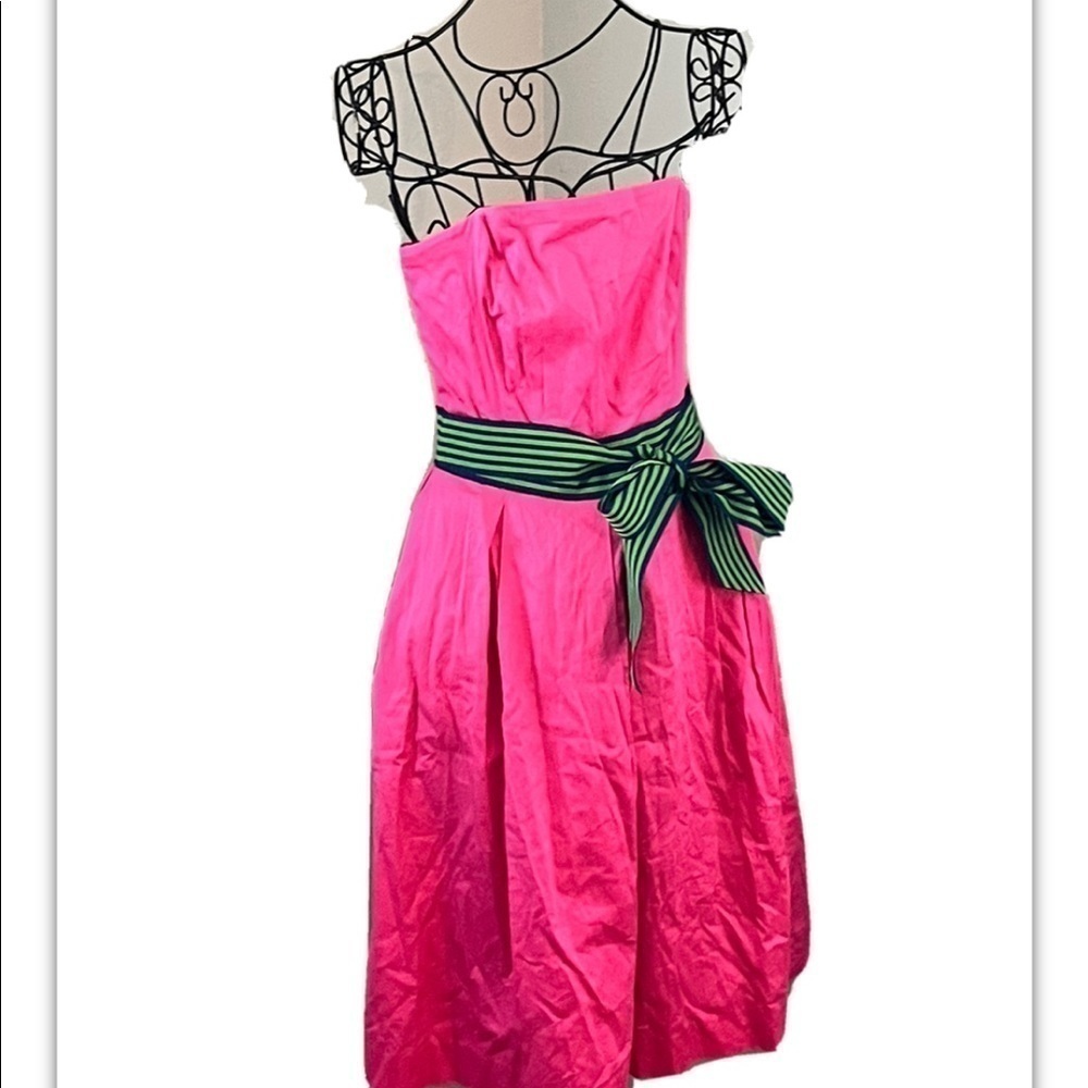 Lilly Pulitzer Pink Strapless Dress Sz 0 Green Belt Knee Length Fit Flare - Picture 4 of 11